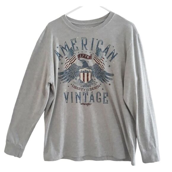 Wrangler Vintage American T Shirt Mens Large Gray Long Sleeve Eagle Wings - Picture 1 of 8